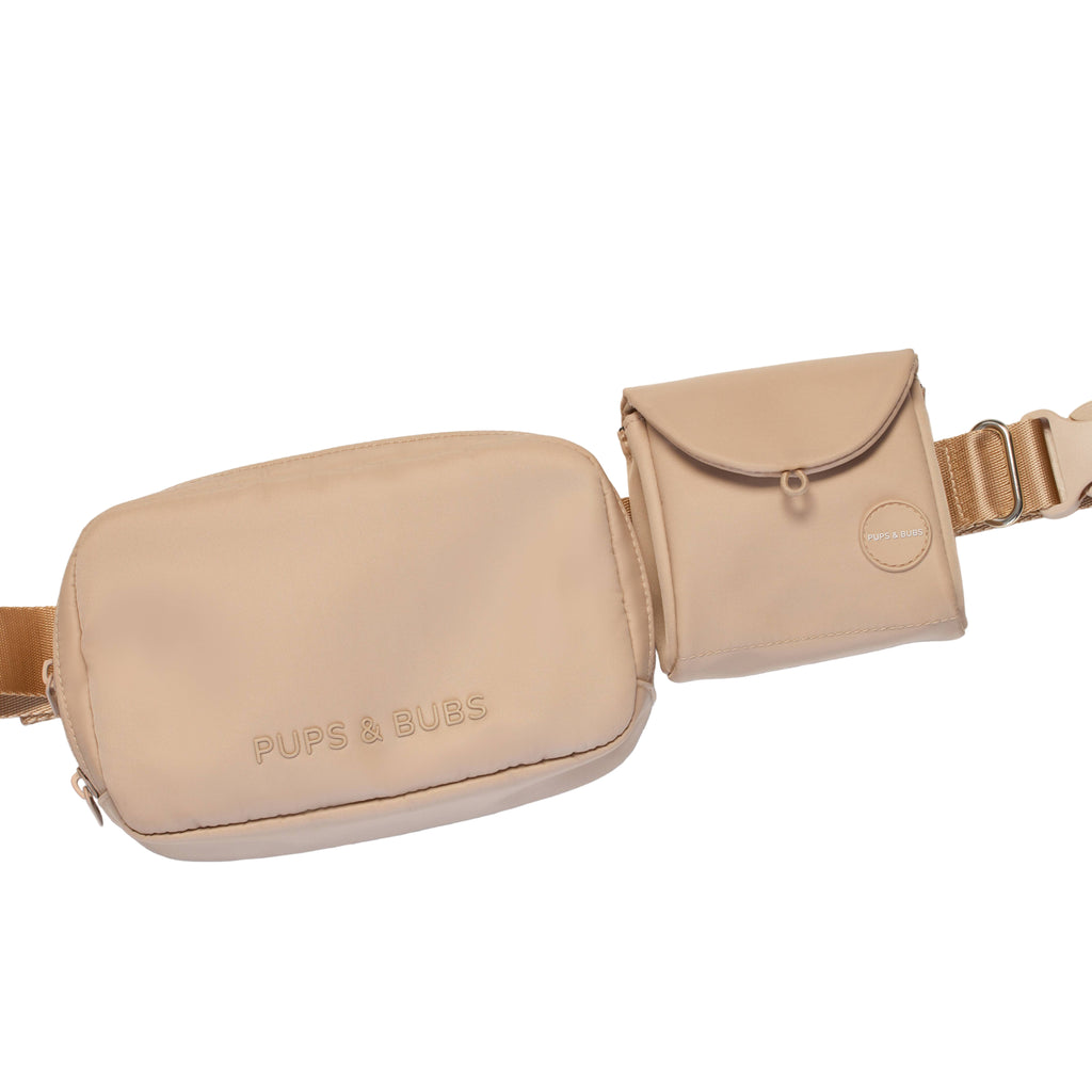 Beige waist bag with 'Pups & Bubs' branding on a light gray background
