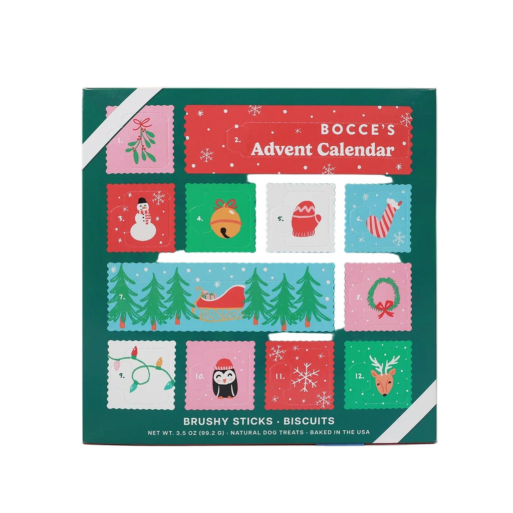 Bocce's Advent Calendar with colorful designs on a white background