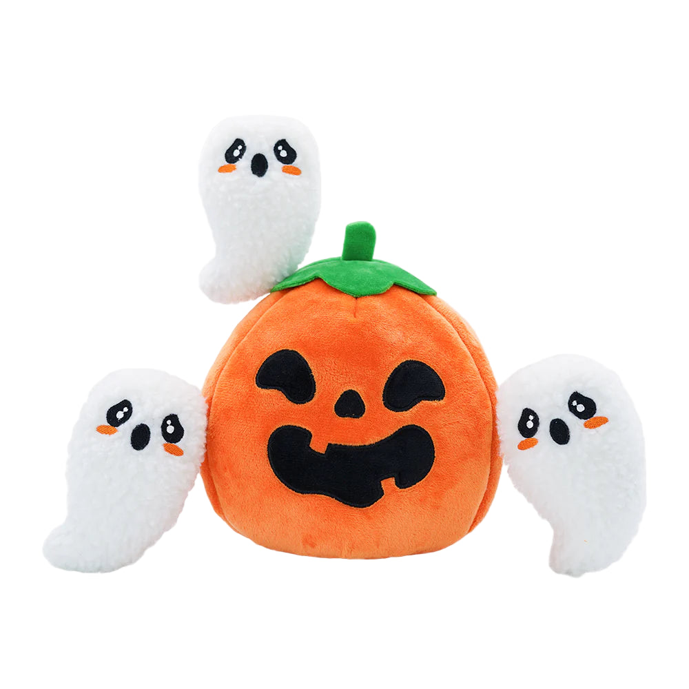 Plush toy shaped like a pumpkin with ghost characters on a white background