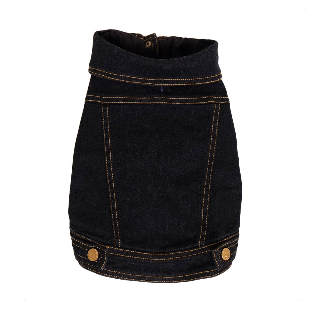 Black denim dog dress with gold buttons on a white background