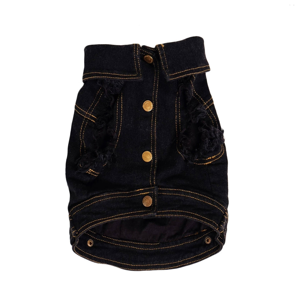 Black denim dog coat with gold buttons on a white background