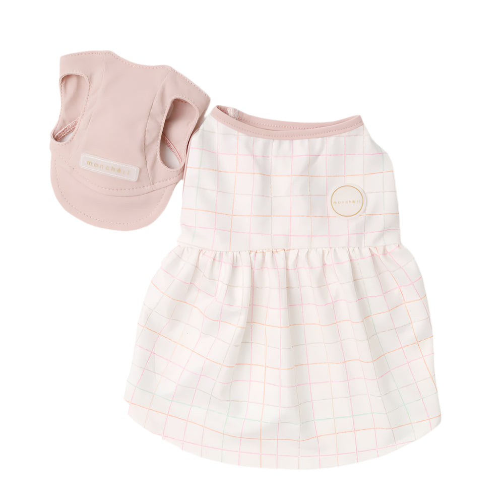 Pink checkered dress and matching hat on a white background