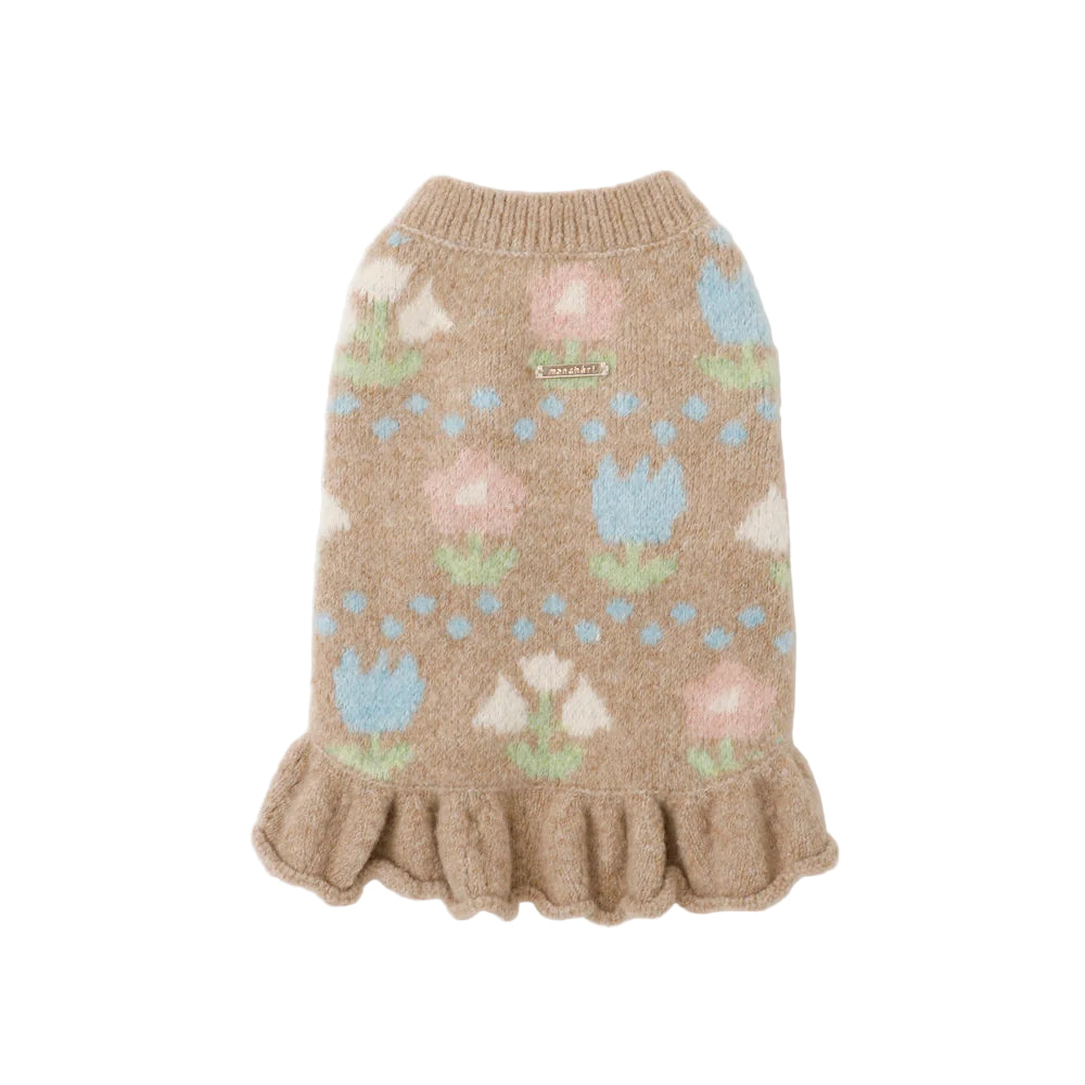 Knitted dog sweater with floral patterns on a white background