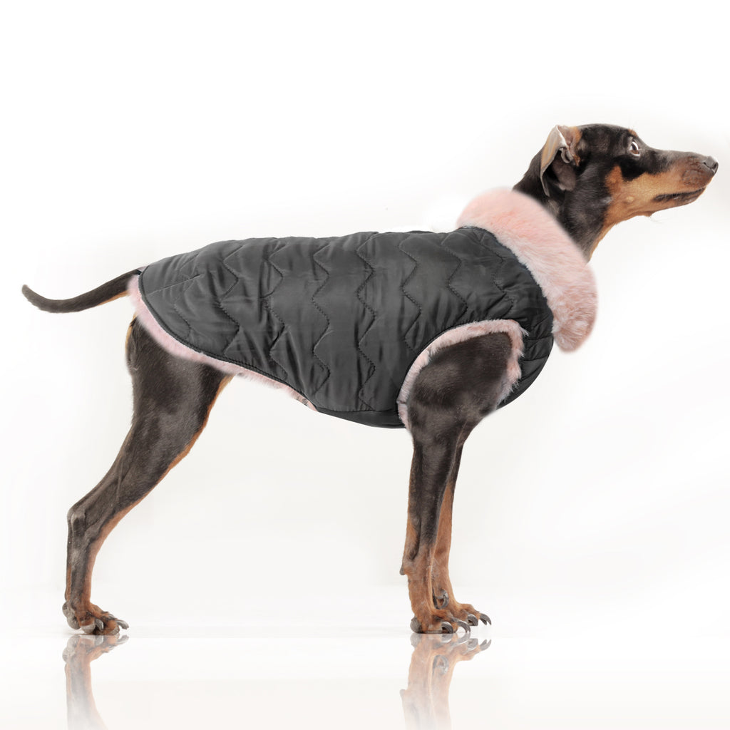 louise reversible down/fur jacket - pink/grey (fits deep-chested breeds)