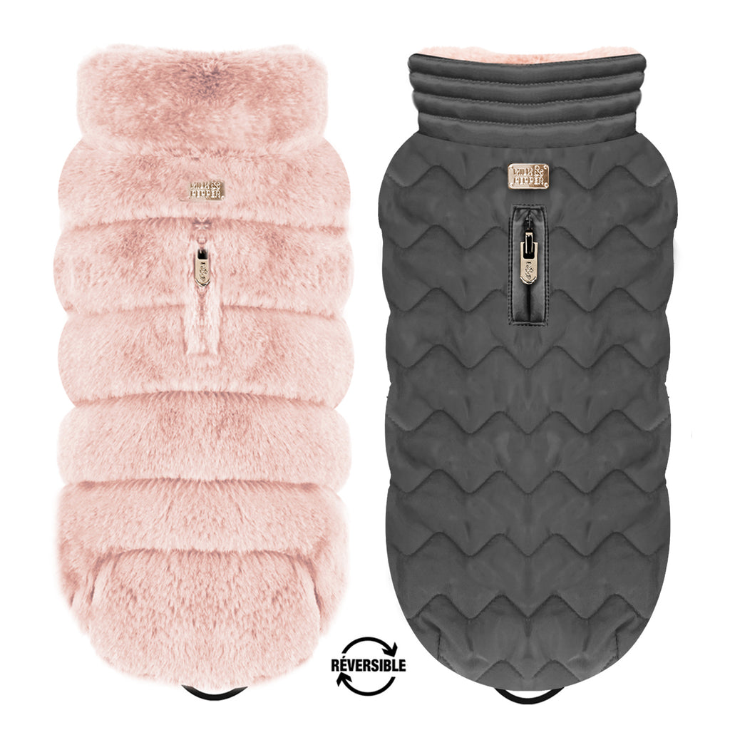 louise reversible down/fur jacket - pink/grey (fits deep-chested breeds)
