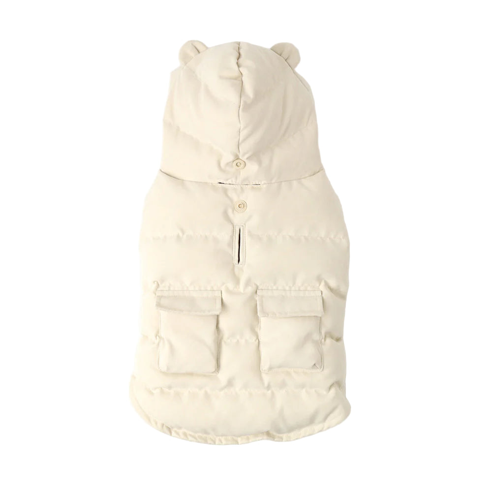 Beige dog coat with a hood on a white background