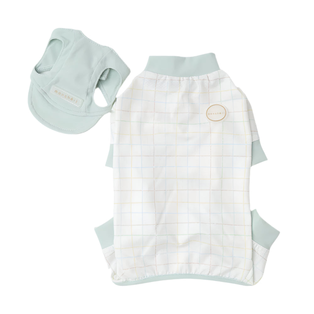 Pet outfit with checkered design and light blue trim on a white background