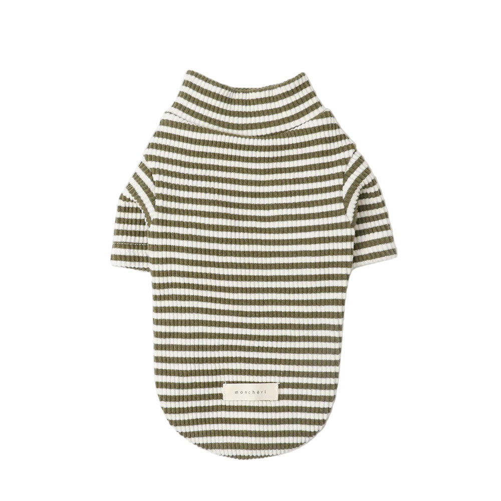 Striped pet shirt with a brand label on a white background
