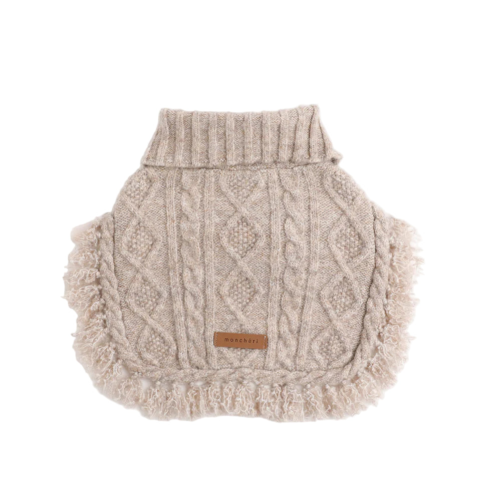 Beige knitted dog sweater with cable pattern on a white background