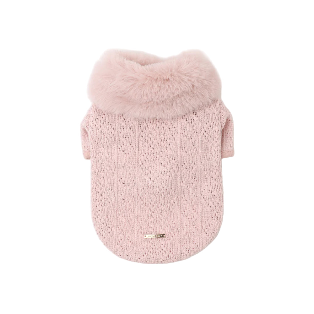 Pink knitted pet sweater with fur hood on a white background