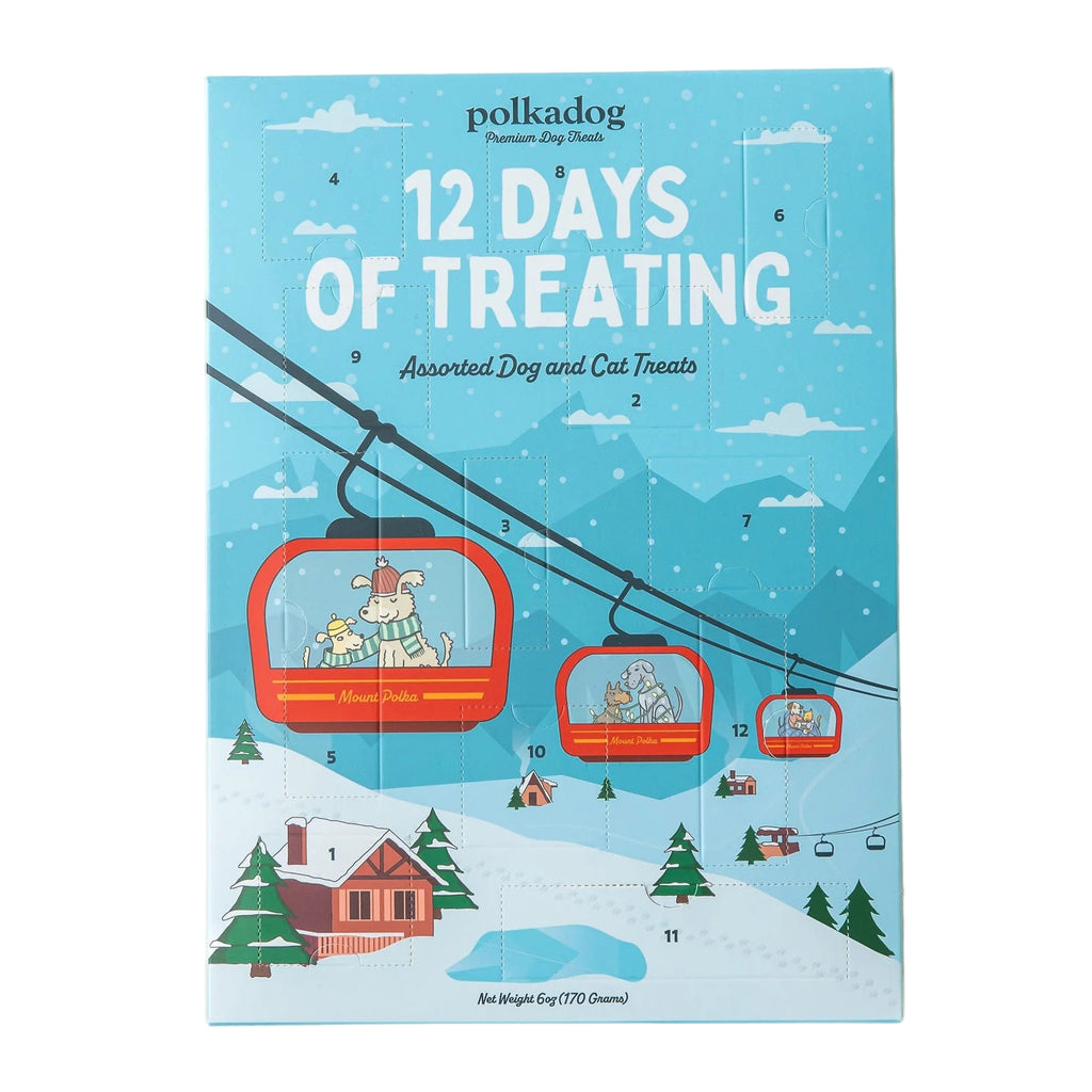 Advent calendar with cartoon dogs on a ski lift against a snowy mountain backdrop, featuring '12 Days of Treating' text.