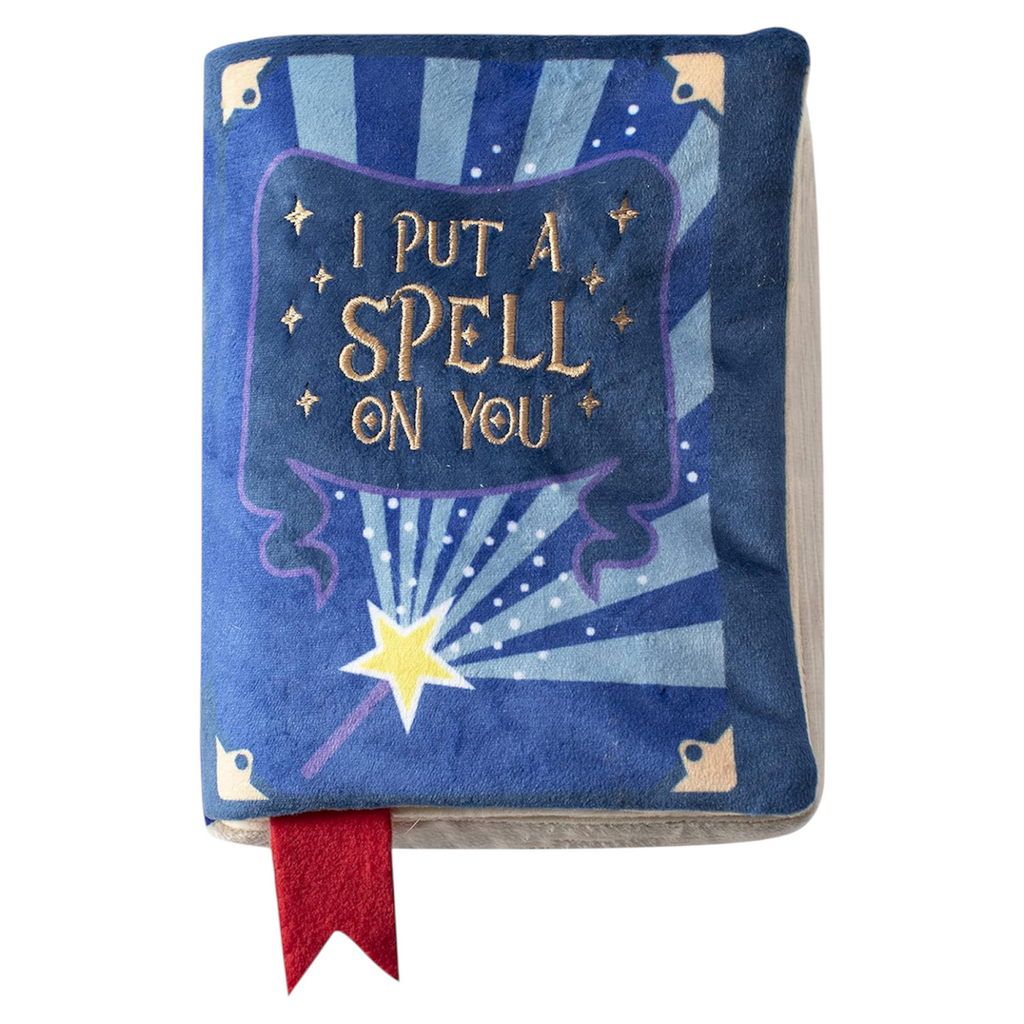 Blue book-shaped pillow with 'I Put a Spell on You' text and star design on a white background