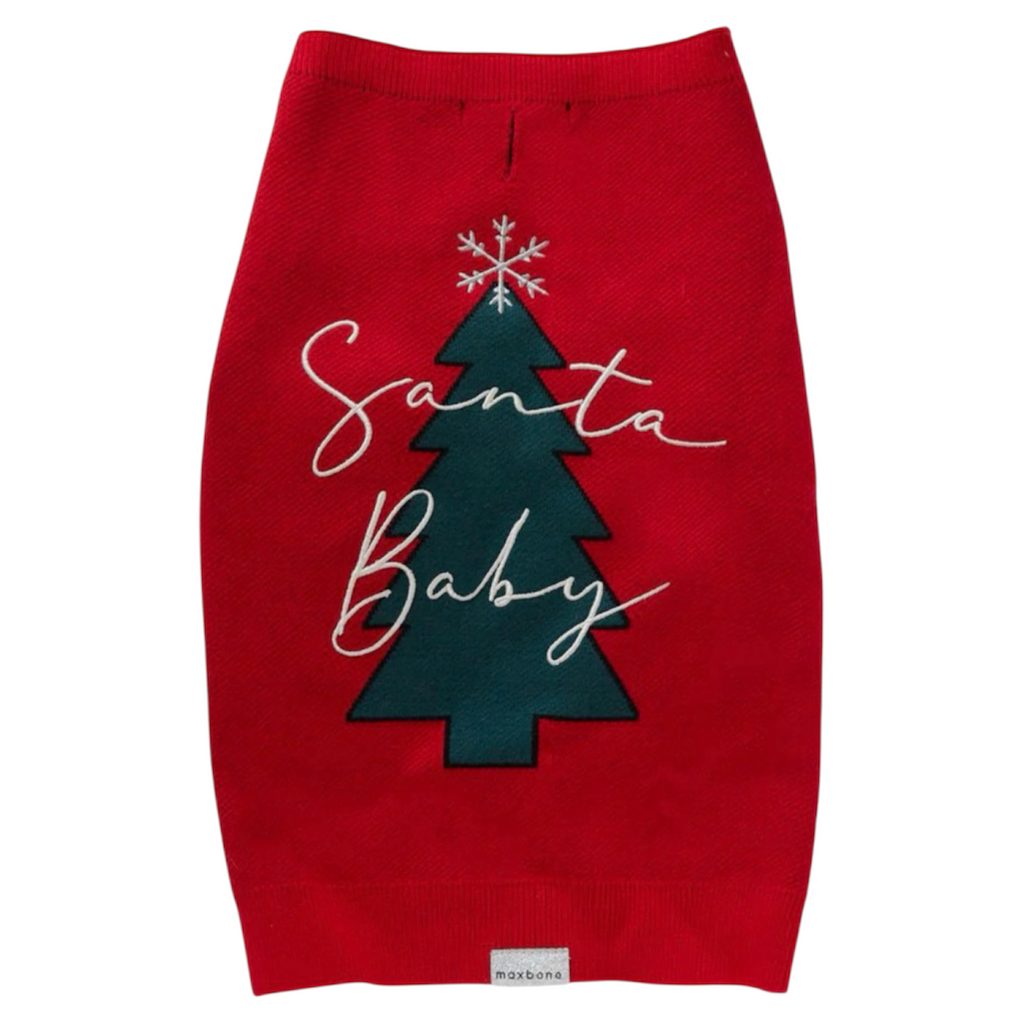 Red dog sweater with green Christmas tree and 'Santa Baby' text on a white background