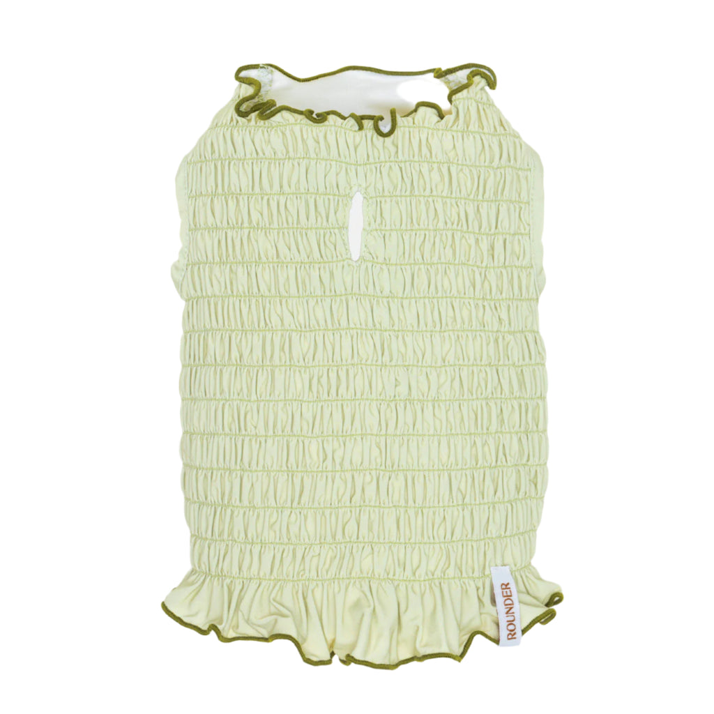 Light green smocked dress with ruffled hem on a white background