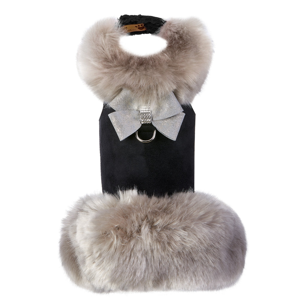 faux-fur harness coat- black with silver fox and nouveau bow