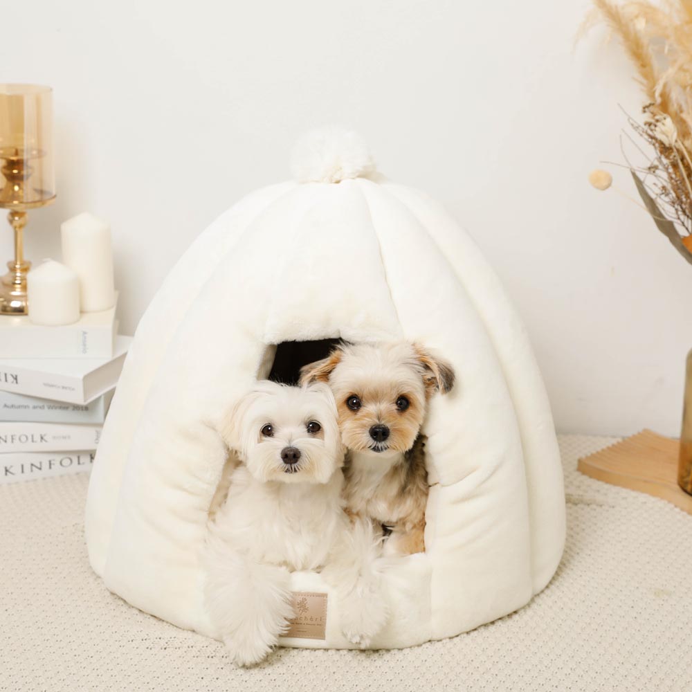 white fur dome bed with plush cushion - Main Image