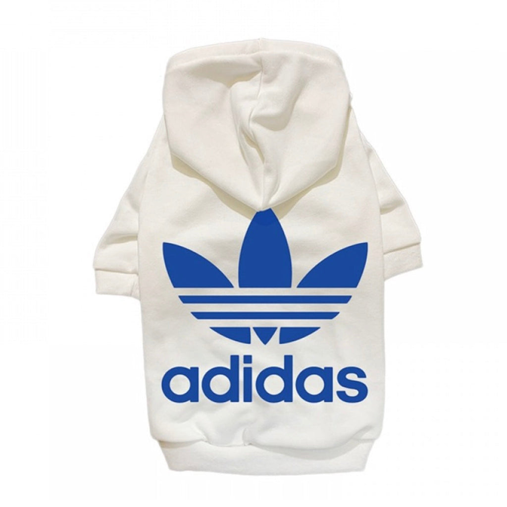White hoodie with blue Adidas logo on a white background