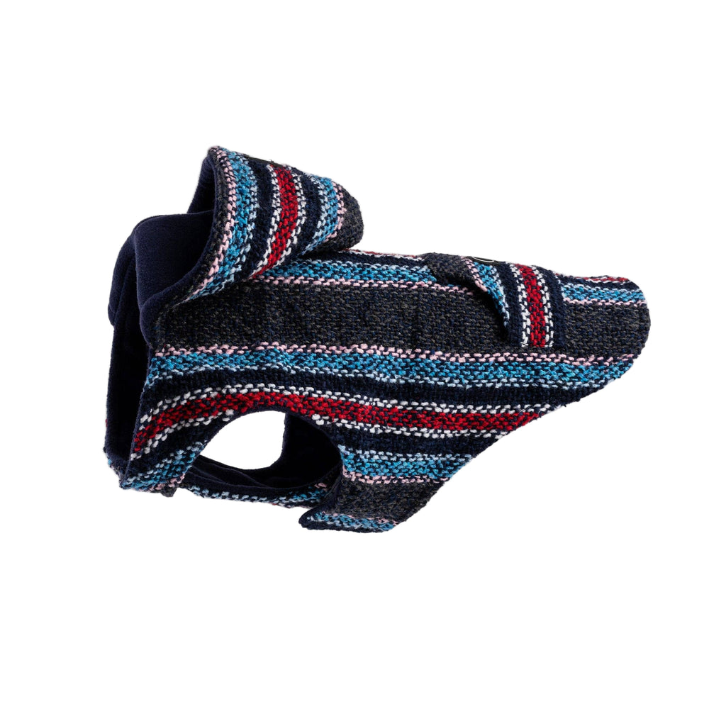 Textured blue and red dog coat on a white background