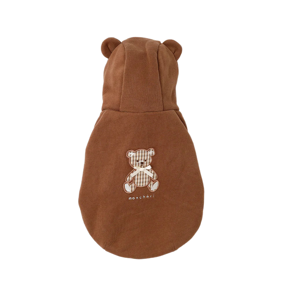 Brown teddy bear hoodie with a small embroidered bear design on a white background