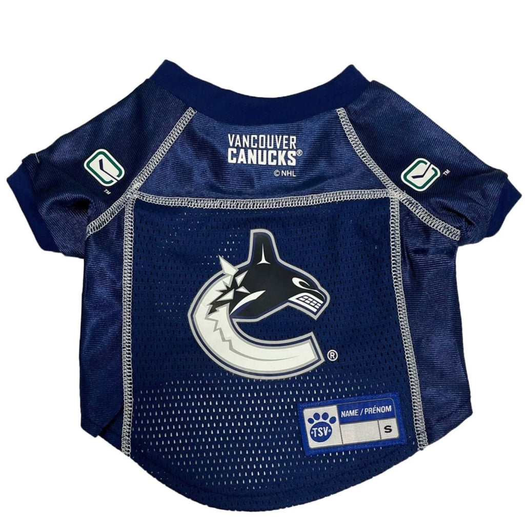 Navy blue dog jersey with Vancouver Canucks logo on a white background
