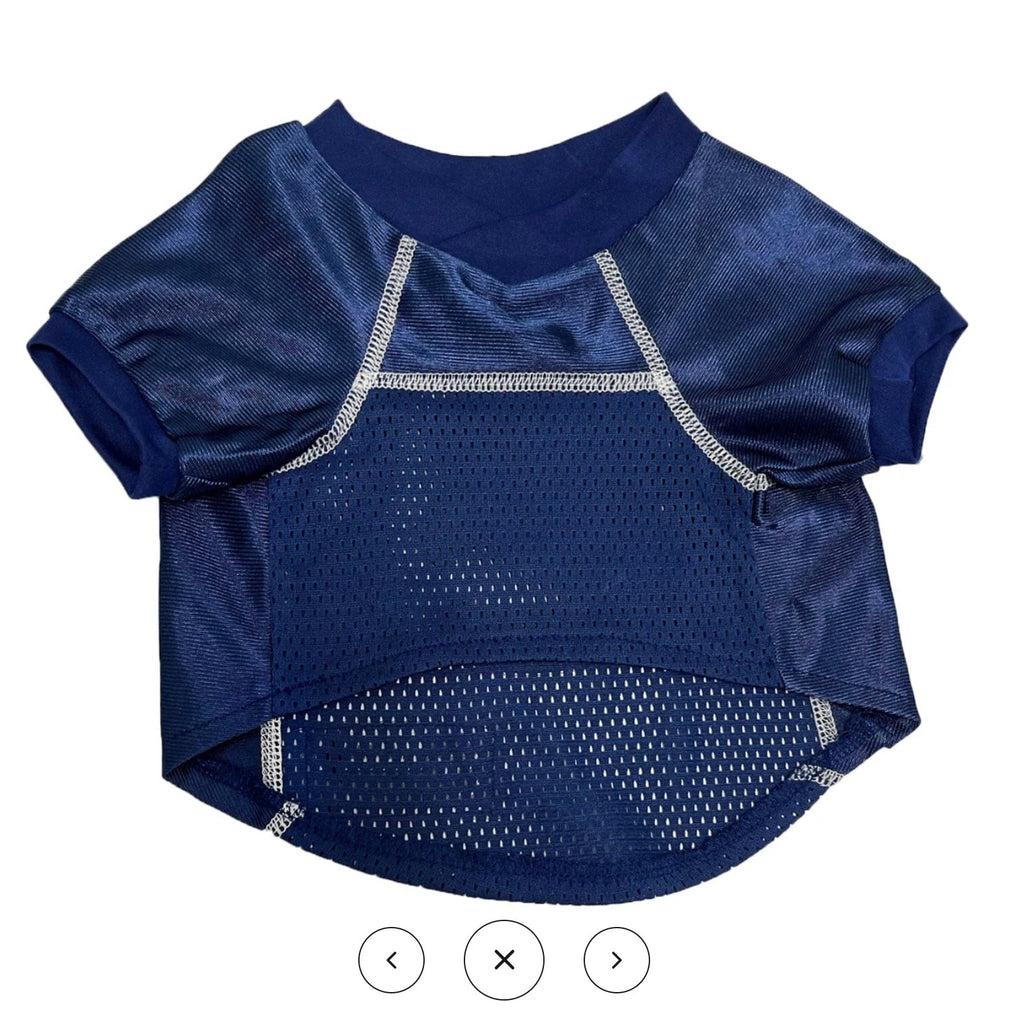 Blue pet shirt with mesh design on a white background