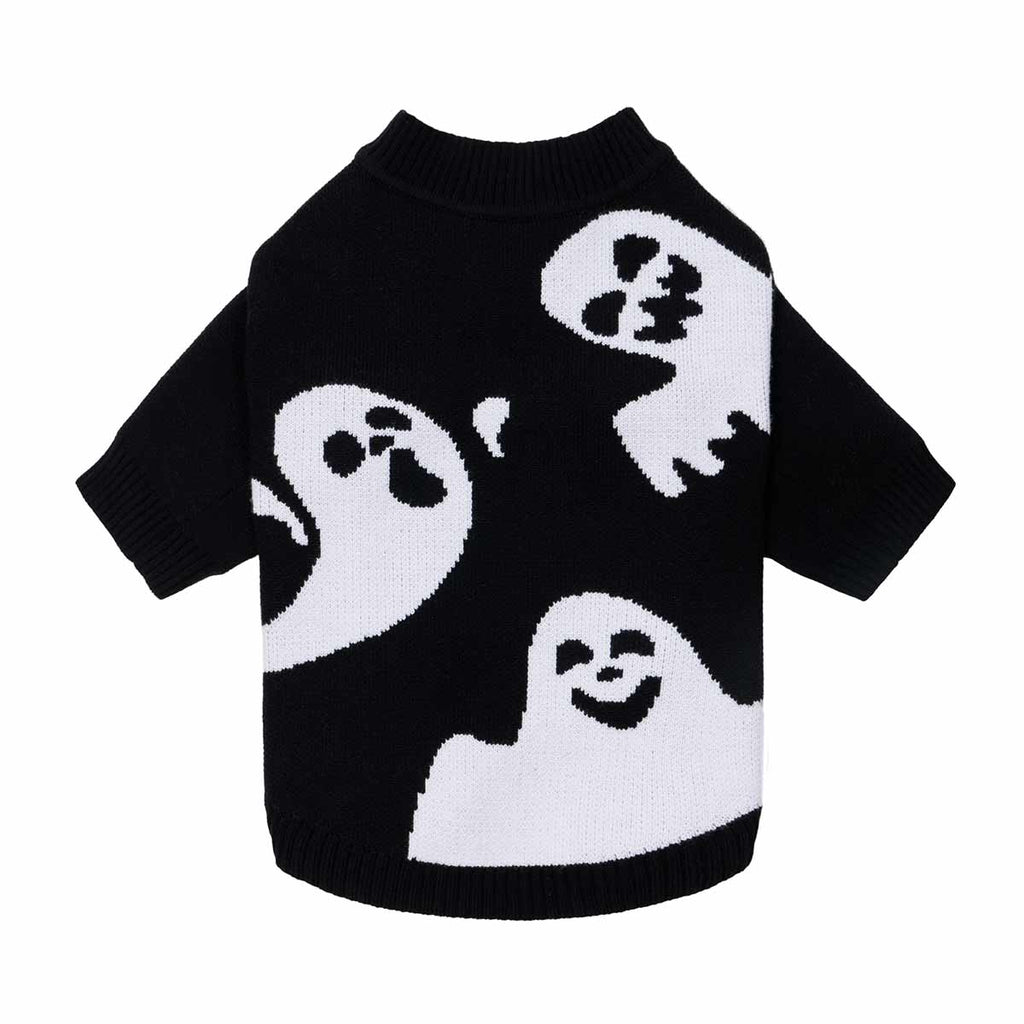Black sweater with white ghost patterns on a white background