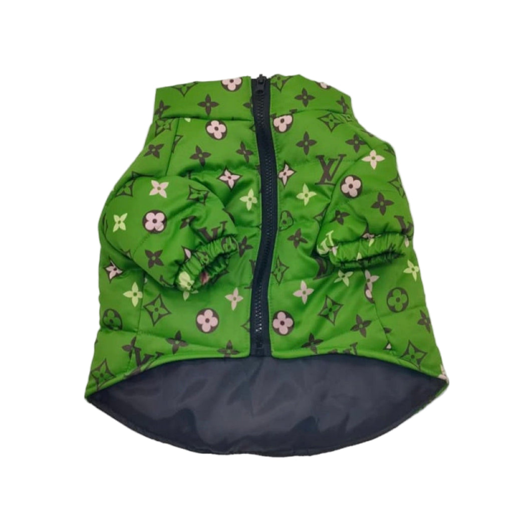 Green pet vest with floral pattern on a white background