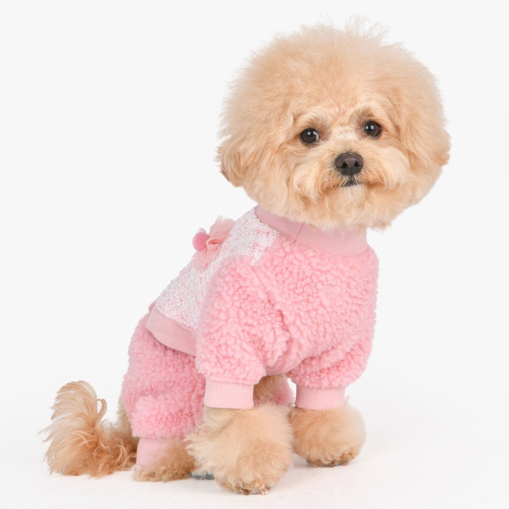 talullah tweed fuzzy winter jumpsuit - pink