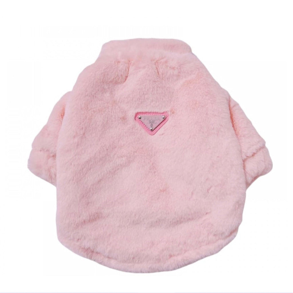 Pink faux fur zip-up dog jacket with Prada logo on a white background