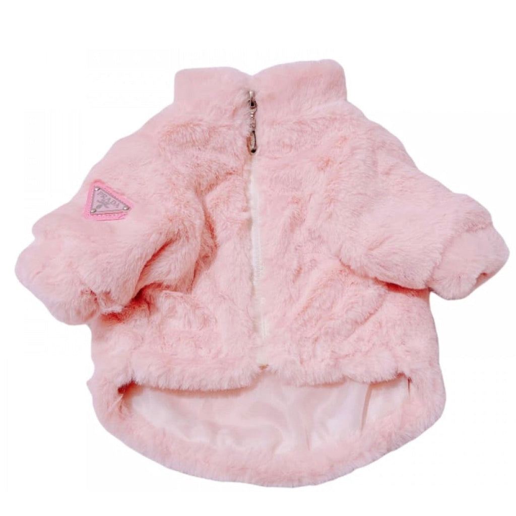 Pink faux fur zip-up dog jacket with Prada logo on a white background