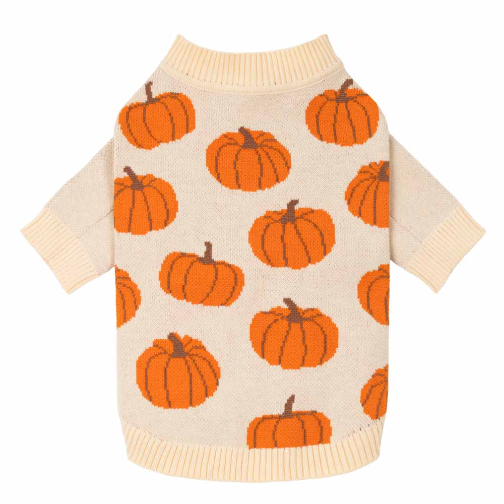 Dog sweater with orange pumpkin pattern on a beige background