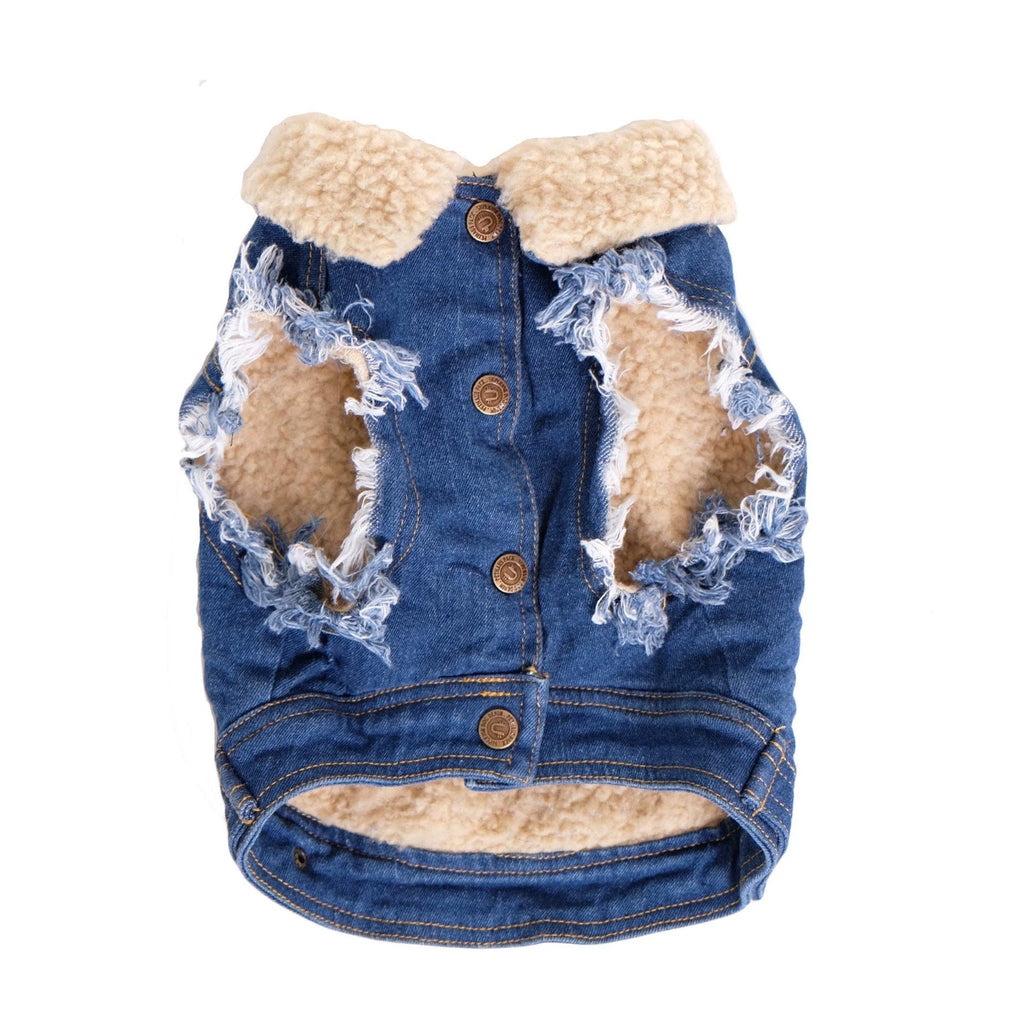 Denim dog coat with sherpa lining on a white background