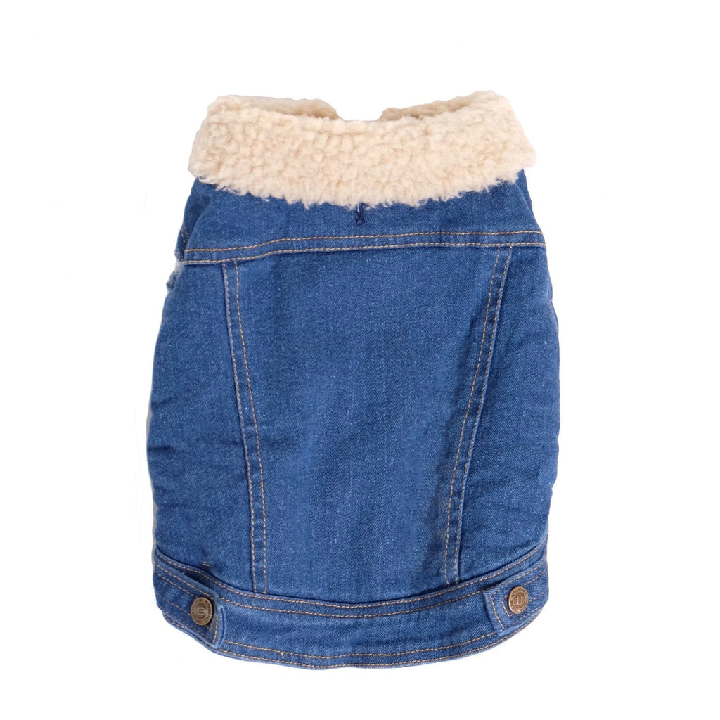 Blue denim skirt with white sherpa lining on a white background