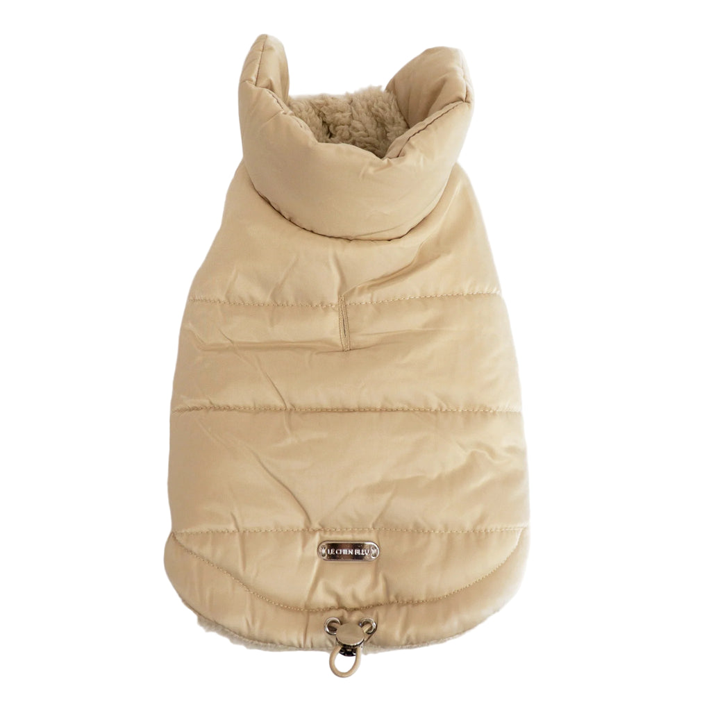 Beige puffer dog coat with a hood on a white background