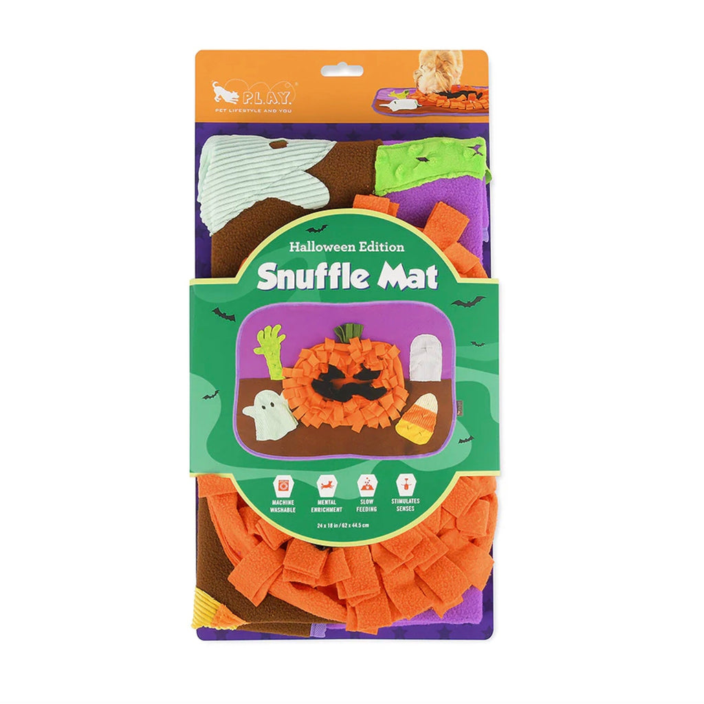 Halloween-themed Snuffle Mat packaging with pumpkins, ghosts, and candy corn design.