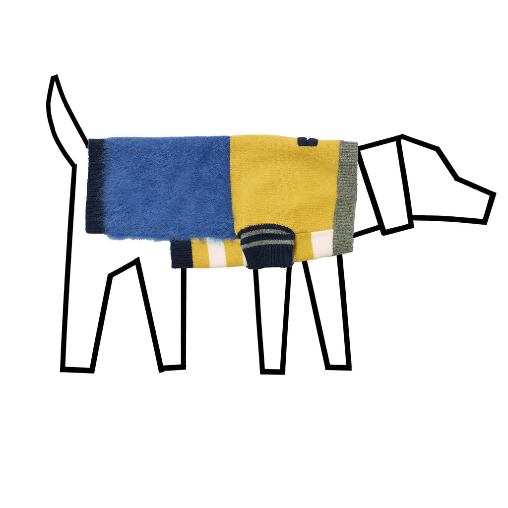 Colorful dog sweater with geometric pattern on a white background