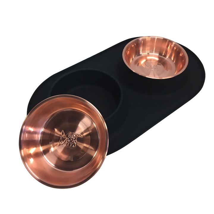 black silicone double feeder with copper bowls