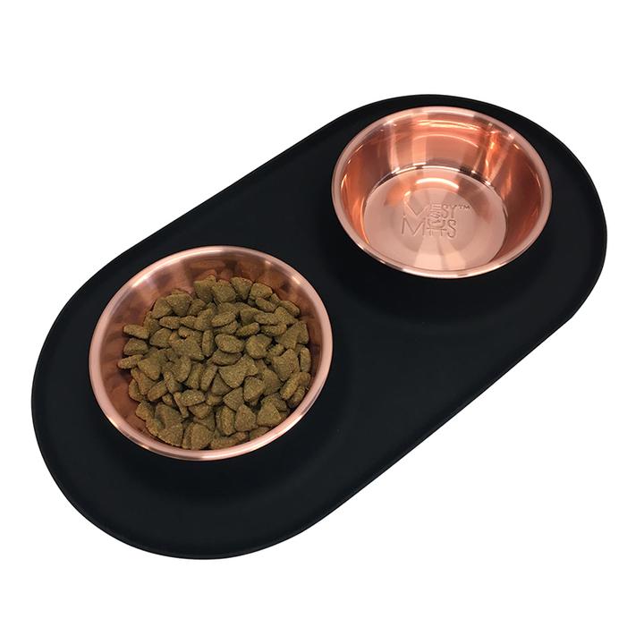 black silicone double feeder with copper bowls
