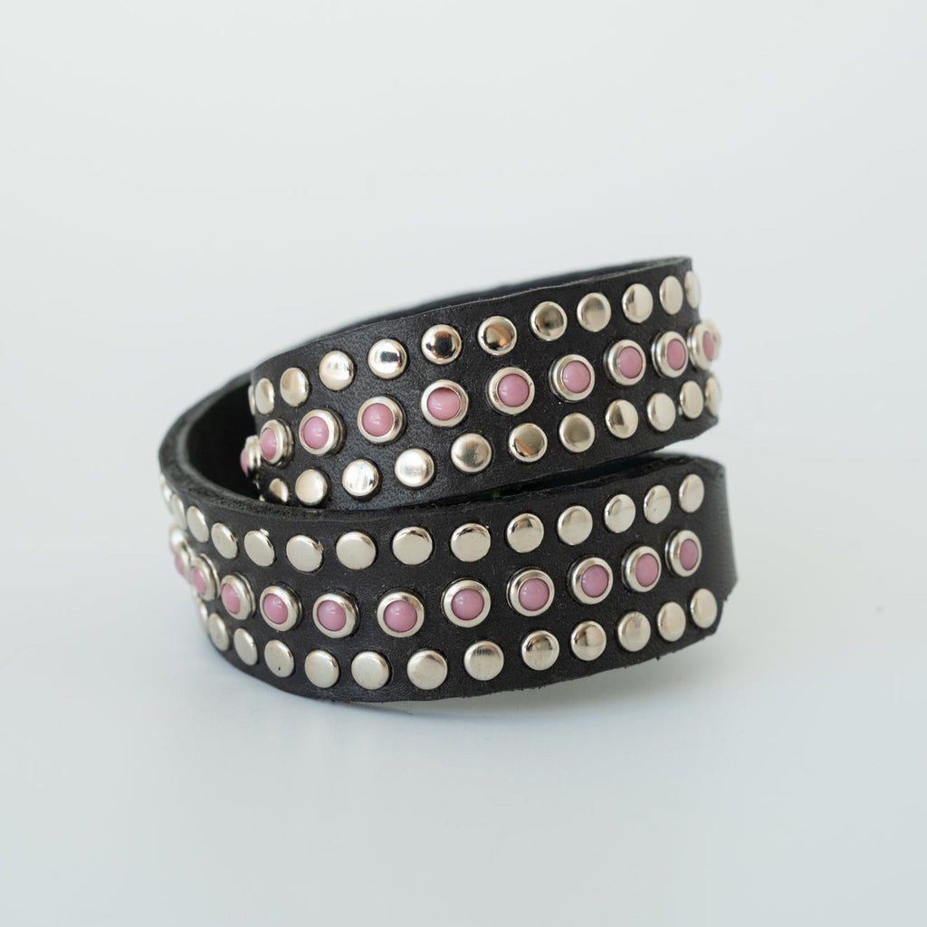 stud & pink stone black leather collar