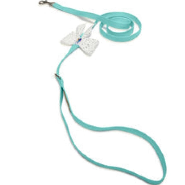 tail bow studded leash - tiffi blue/white