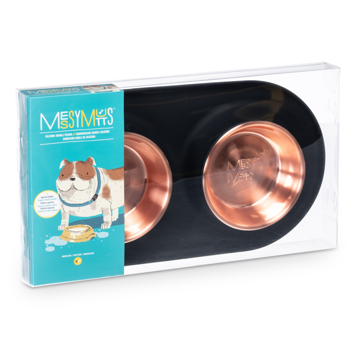 black silicone double feeder with copper bowls